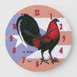 Redondo Grande Reloj de Gallo Rojo Negro