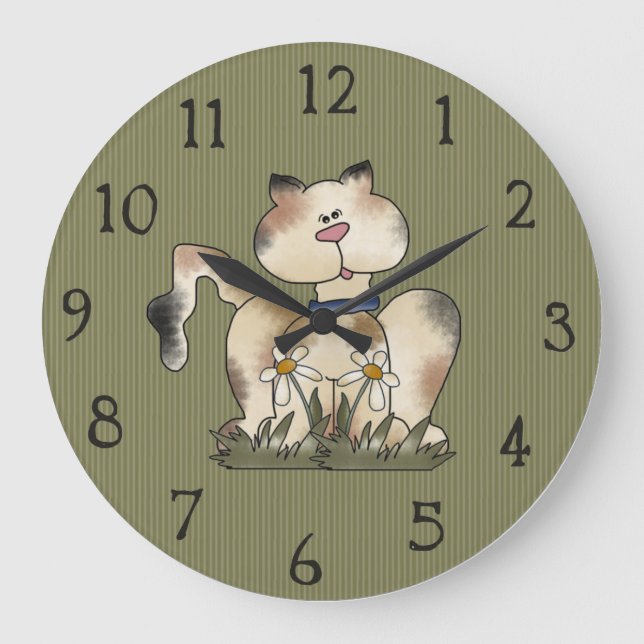 Redondo Grande Reloj de gato floral (Anverso)