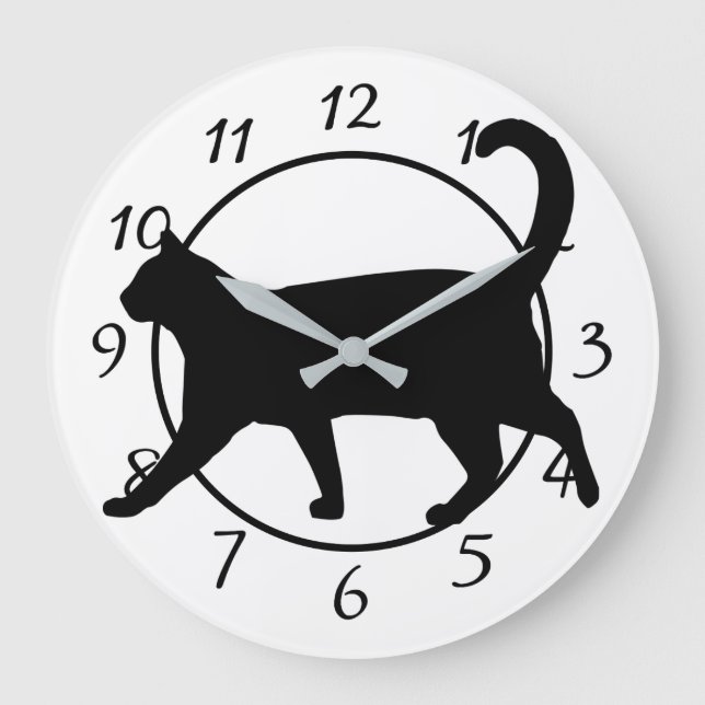 Redondo Grande Reloj de gato negro y blanco (Anverso)
