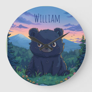 Redondo Grande Reloj de guardería infantil Oso y Montañas