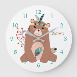 Redondo Grande Reloj de guardería personalizado de oso tribal lin