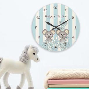 Redondo Grande Reloj de habitación de mellizos koala bebé lindo a