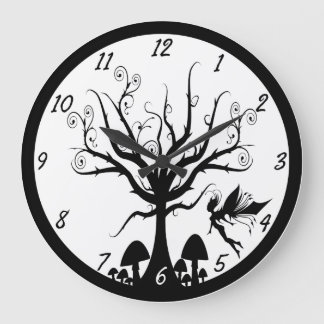 Redondo Grande Reloj de hadas fantasmagórico blanco y negro