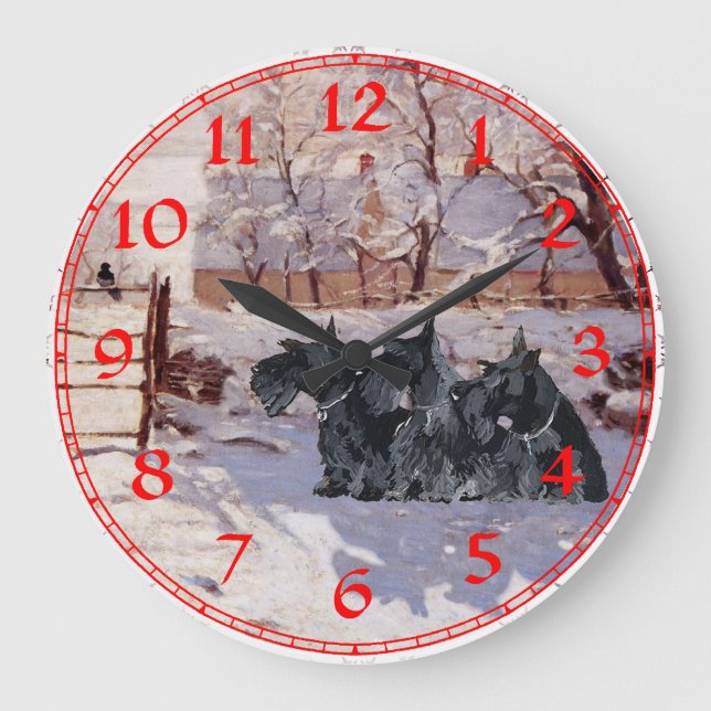 Redondo Grande Reloj de invierno con Terrier Escocés (Anverso)