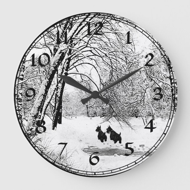 Redondo Grande Reloj de invierno con Terrier Escocés (Anverso)
