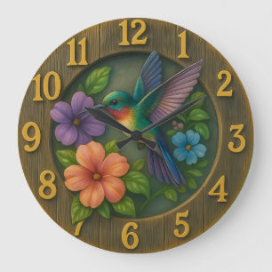 Redondo Grande Reloj de jardín de colibrí vibrante con detalle fl