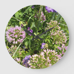 Redondo Grande Reloj de jardín de flores silvestres púrpuras Bo
