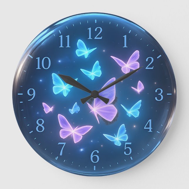 Redondo Grande Reloj de la esfera del vidrio con mariposas brilla (Anverso)
