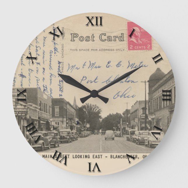 Redondo Grande Reloj de la postal de Blanchester Ohio - calle (Anverso)