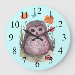 Redondo Grande Reloj de lechuza linda y mariquita púrpura regorde