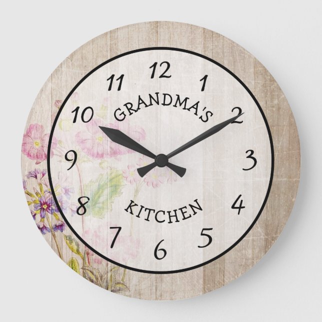 Redondo Grande Reloj de madera floral rústico de cocina de la abu (Anverso)