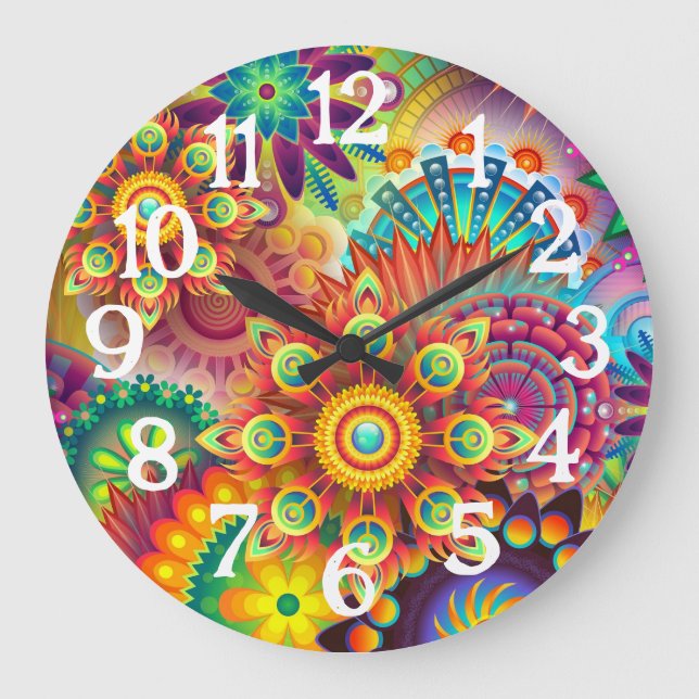 Redondo Grande Reloj de Mandalas Coloridas de Arcoíris (Anverso)