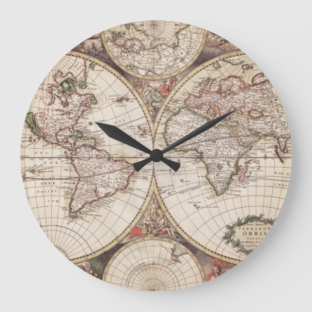 Redondo Grande Reloj de mapas del mundo antiguo (Anverso)