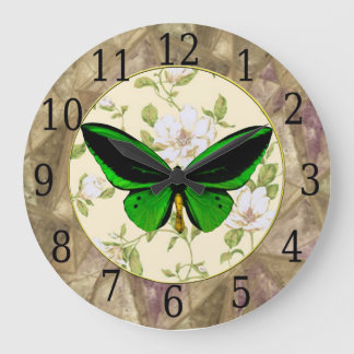 Redondo Grande Reloj de mariposa verde y flores de madera de made
