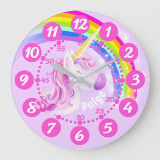 Redondo Grande Reloj de niños de arte rosa morado de Unicornio y 