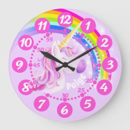 Redondo Grande Reloj de niños de arte rosa morado de Unicornio y 