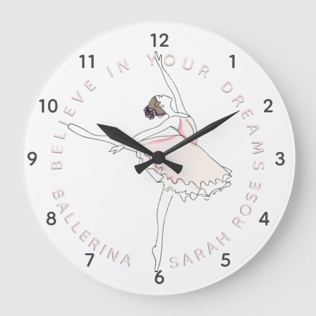 Redondo Grande Reloj de nombres personalizado Chica Ballerina ros (Anverso)
