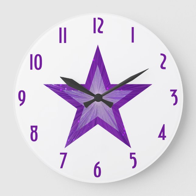 Redondo Grande Reloj de 'números' de estrella morada todo blanco (Anverso)