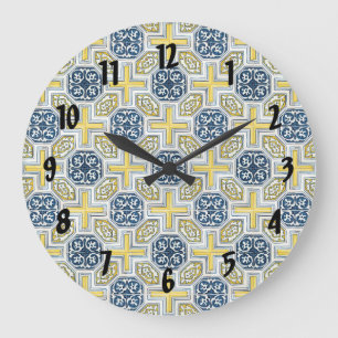 Redondo Grande Reloj de números negros florales geométricos amari