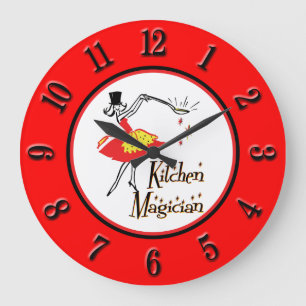Redondo Grande Reloj de números retro negro rojo de la cocina