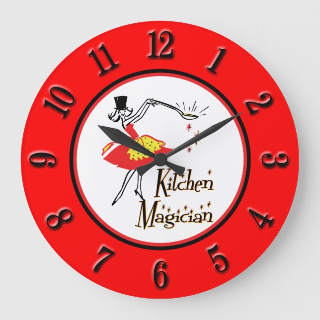 Redondo Grande Reloj de números retro negro rojo de la cocina (Anverso)