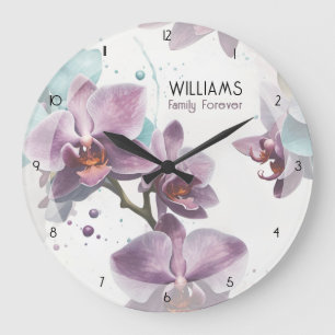 Redondo Grande Reloj de orquídeas de color de agua personalizado
