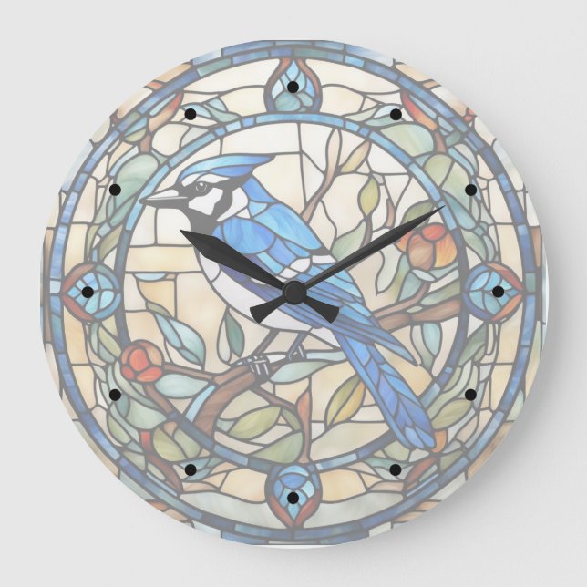 Redondo Grande Reloj de pájaro azul Jay Seted Glass Bluejay (Anverso)