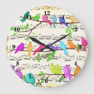 Redondo Grande Reloj de pájaros musicales coloridos