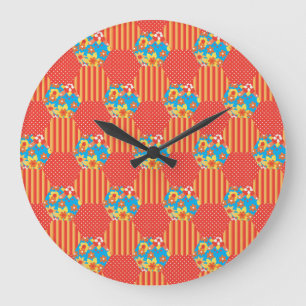 Redondo Grande Reloj de pared, floral Naranja y patchwork de polk