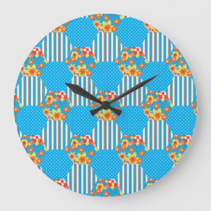 Redondo Grande Reloj de pared, floral Naranja y patchwork de polk