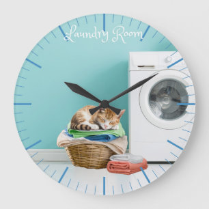 Redondo Grande Reloj de pared, Lavandería Con Gato