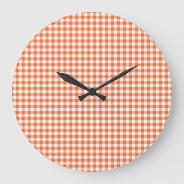 Redondo Grande Reloj de pared, Naranja y White Check Gingham (Anverso)