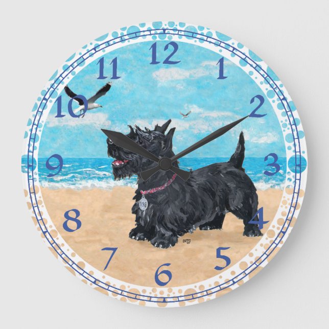 Redondo Grande Reloj de playa personalizado del Terrier Escocés (Anverso)
