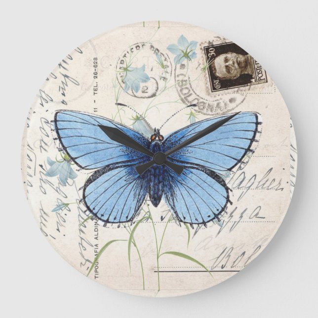 Redondo Grande Reloj de postales italiano con mariposa azul vinta (Anverso)