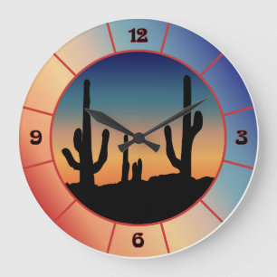 Redondo Grande Reloj de Silueta de Puesta de Sol de Cactus Occide