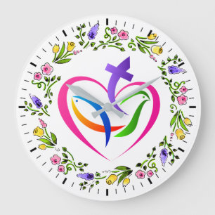 Redondo Grande Reloj de símbolos cristianos