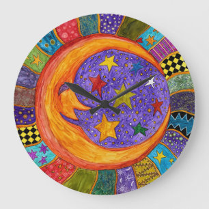 Redondo Grande Reloj de Sol, Luna y Estrellas de colores
