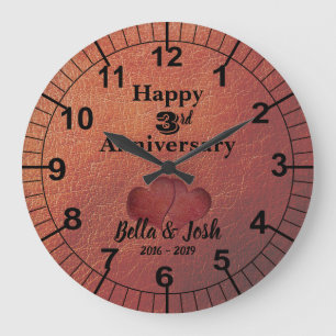 Redondo Grande Reloj de tema de cuero 3er aniversario de bodas