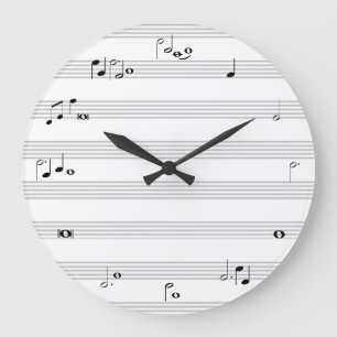 Redondo Grande Reloj de tiempo de notas de música - blanco y neg