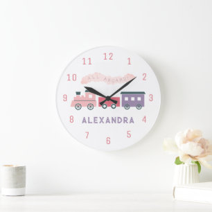 Redondo Grande Reloj de tren de vapor rosa para habitación de niñ