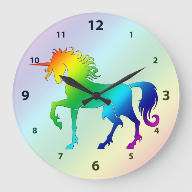 Redondo Grande Reloj de Unicornio arcoiris (Anverso)