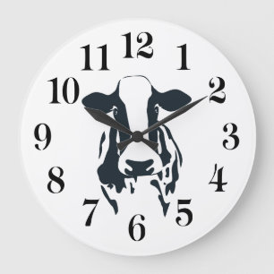 Redondo Grande Reloj de vaca en blanco y negro