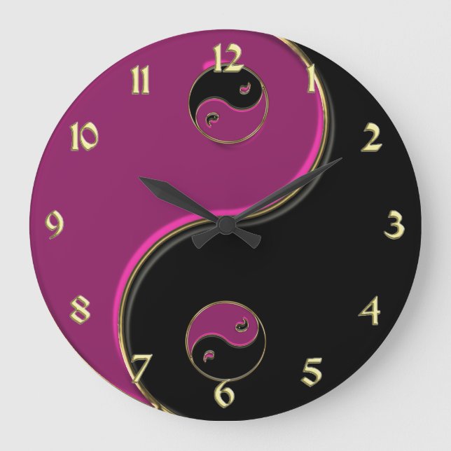 Redondo Grande Reloj de Yin Yang en negro y rosas fuertes con oro (Anverso)