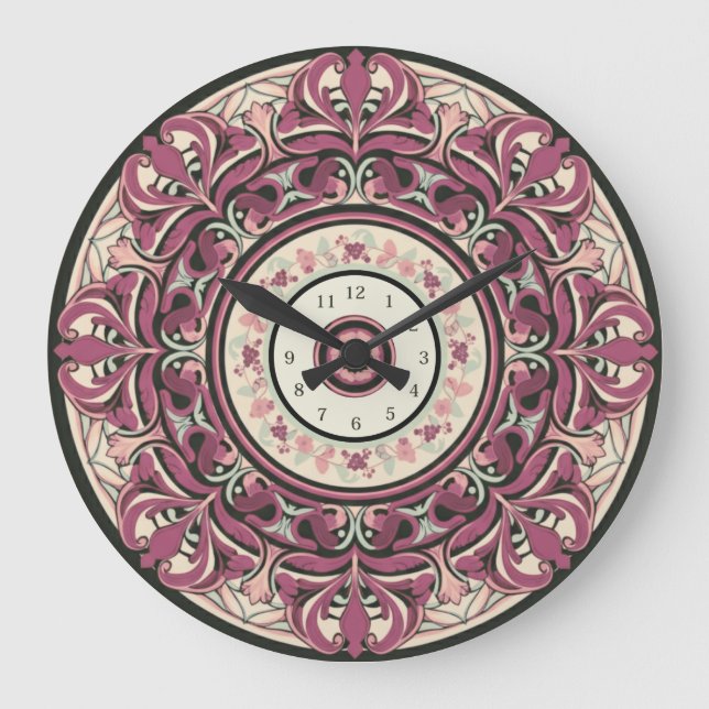 Redondo Grande Reloj del Muro de Nouveau Floral Mandala (Anverso)