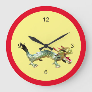 Redondo Grande Reloj - Dragón oriental en marco rojo