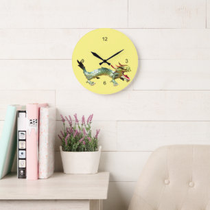 Redondo Grande Reloj - Dragón oriental sobre amarillo