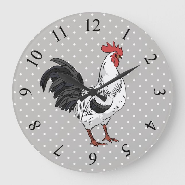 Redondo Grande Reloj elegante de pared de gallo blanco (Anverso)