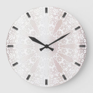 Redondo Grande Reloj elegante de pared floral de encaje blanco