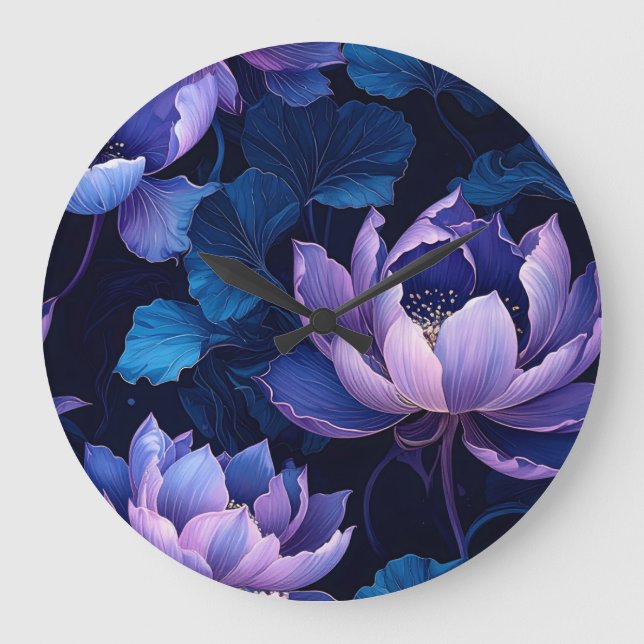 Redondo Grande Reloj elegante morado azul Lotus oscuro de pared (Anverso)