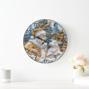 Redondo Grande Reloj festivo con Santa y reno